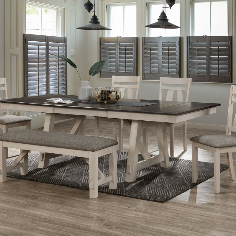 Cottage  Pc Extendable Dining Table Chalk  Tow Tonedining Room Wooden Furniture 2 Self-Storing Refectory Leaves Trestle Legs