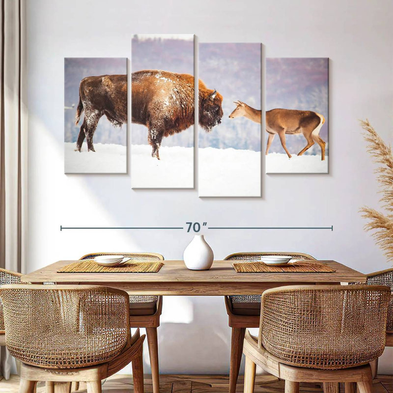 Bison et cerf en hiver, H 42 po x l 68 po