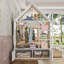Lit plateforme simple avec tiroirs, lit maison en bois massif avec tablettes, conception enfantine, blanc et naturel-1475585666