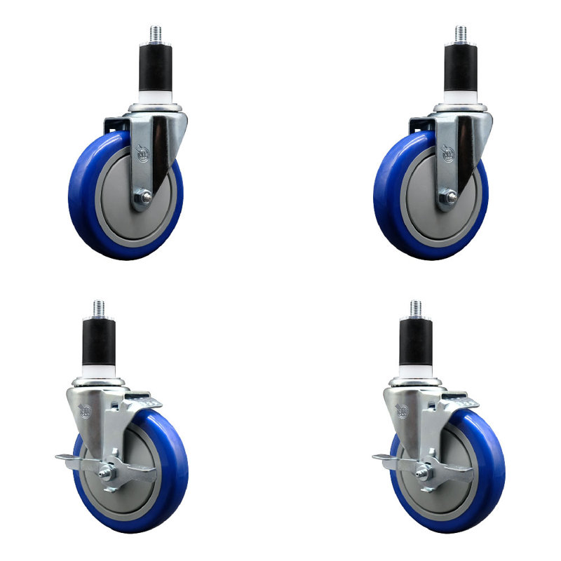 Ensemble de roulettes extensibles pivotantes en polyuréthane en polyuréthane 5 pouces 1 1/2 pouces 2 freins SCC, Bleu