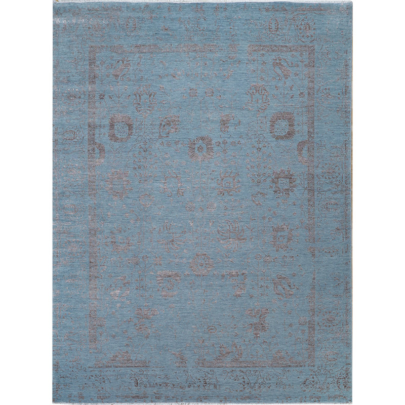 Tapis bleu clair et gris noué à la main de haute qualité, Rectangle 8 pi x 10 pi