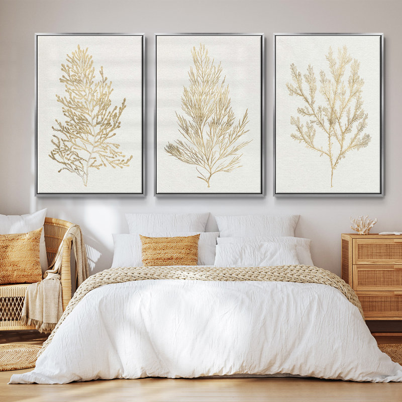 Ensemble de 3 algues dorées encadrées sur toile, H 36 po x l 72 po, Encadrement argenté