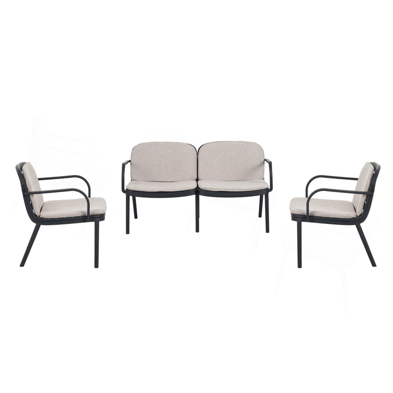 Ensemble de conversation d'extérieur 3 pièces PP, cadre noir avec coussin beige (2 fauteuils club et 1 causeuse), Beige
