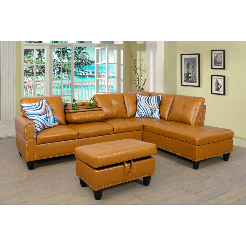 Plyler 97.2" Wide Modular Sectional with Ottoman, Right Hand Facing, Ginger Faux Leather