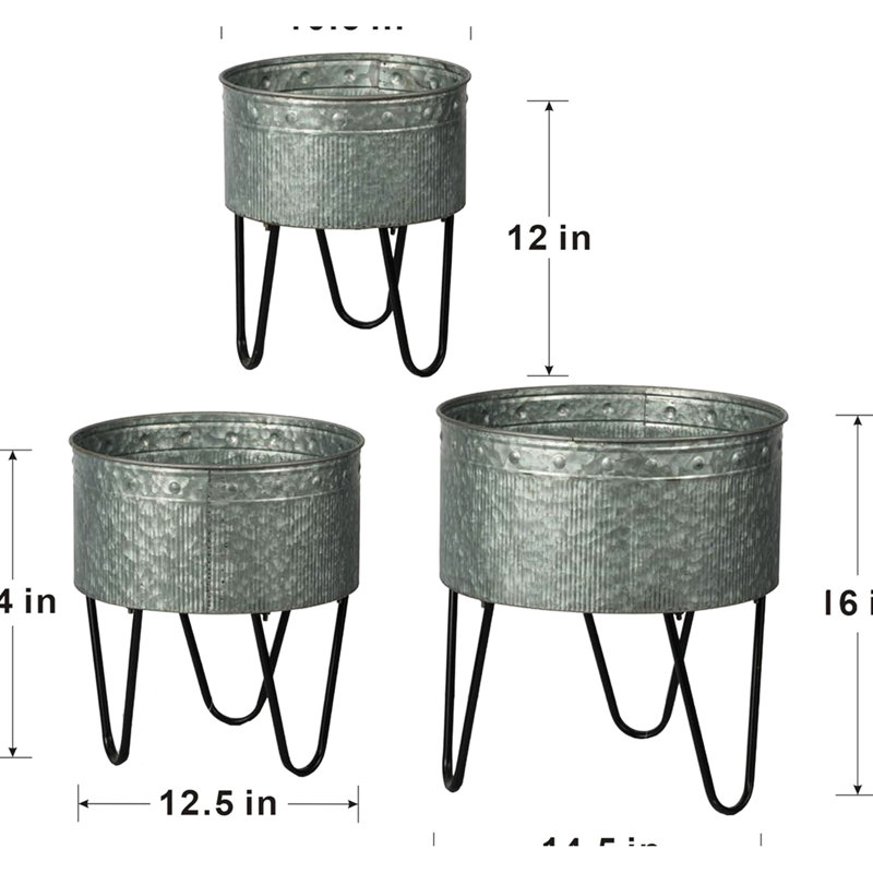Three - Piece Galvanized Metal Pots For Industrial Style Container Garden, Small Medium Large, Finish, Black Hairpin Legs, 7.5 Lbs, Assembly Needed Pot Of 3 Beautiful Gardening, Progressive Sizing,