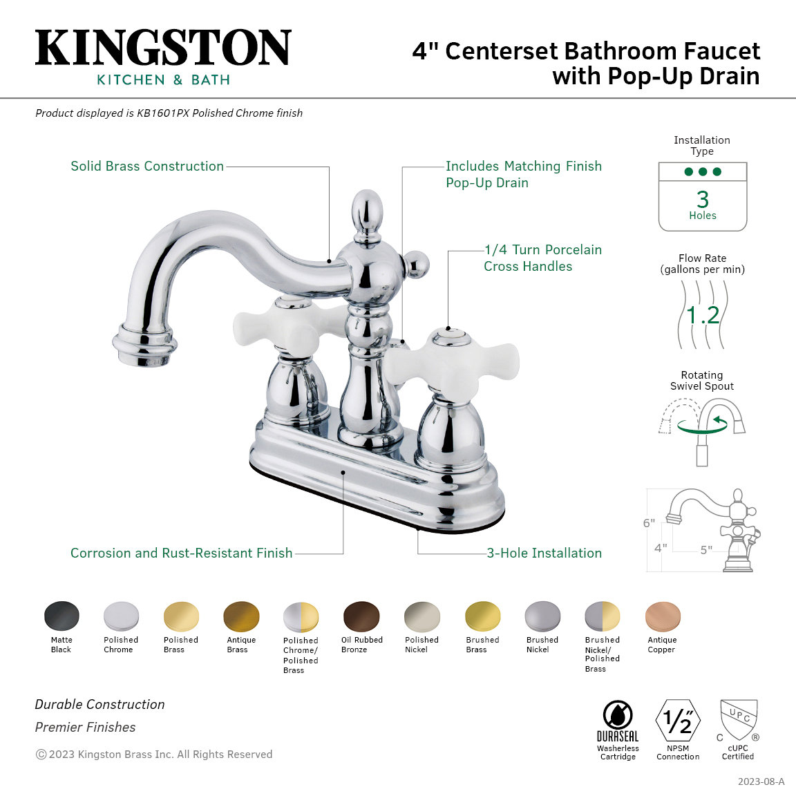 Kingston Brass Heritage Two-Handle 3-Hole Deck Mount 4" Centerset Bathroom Faucet with Plastic Pop-Up, Polished Nickel