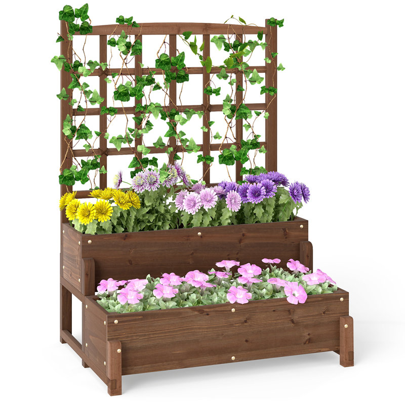 Raised Garden Bed w/ Lattice Trellis Drainage Holes Wooden Elevated Planter Box Stand, 1 Piece
