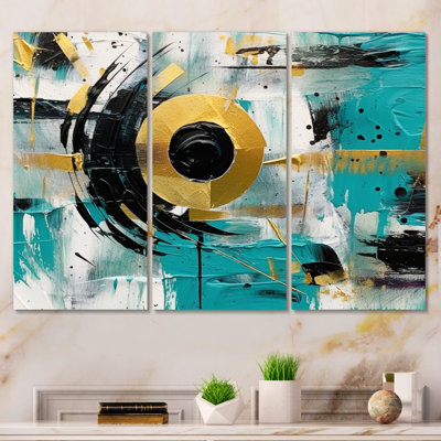Bleu sarcelle doré cubiste kaléidoscope II sur toile, 3 pièces