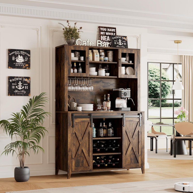 Farmhouse Coffee Bar Cabinet with Sliding Barn Doors, 70'' Tall Grey Hutch with Wine Rack & Stemware Slots, Kitchen Buffet Storage Cabinet with Adjustable Shelves for Dining Room, Brown