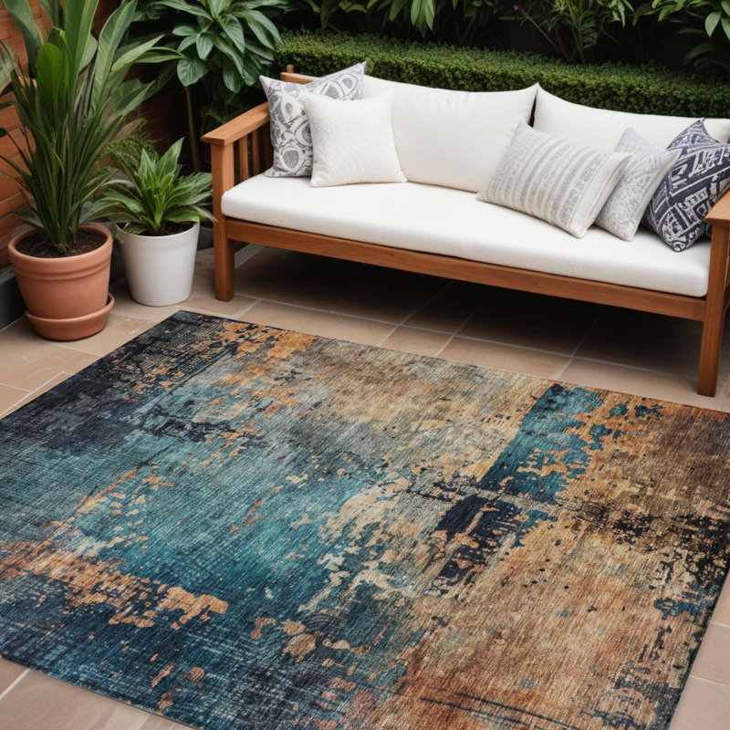 Tapis d'extérieur lavable abstrait bleu sarcelle noir et cuivre 8 pi x 10 pi