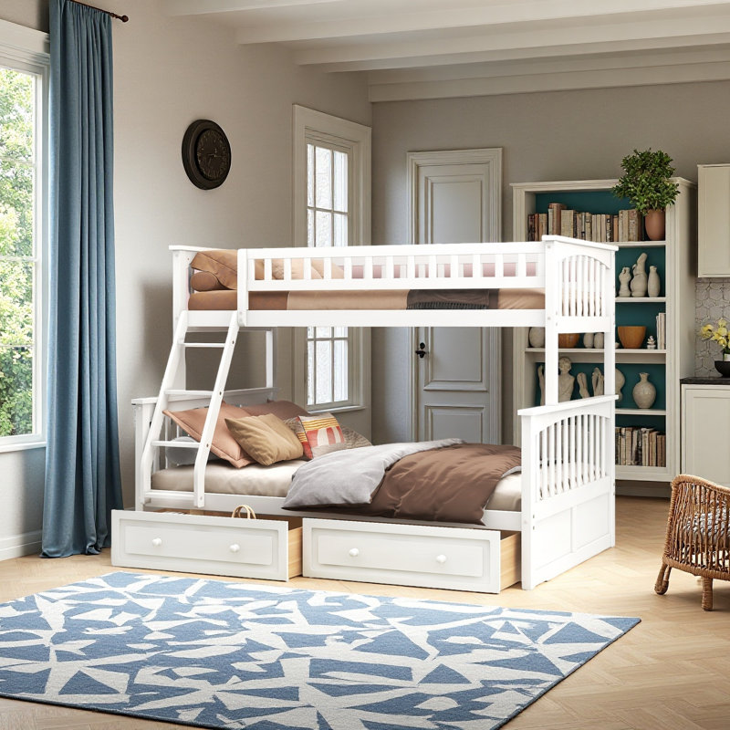 Lit simple superposé au dessus d'un lit double avec tiroirs de rangement, Blanc