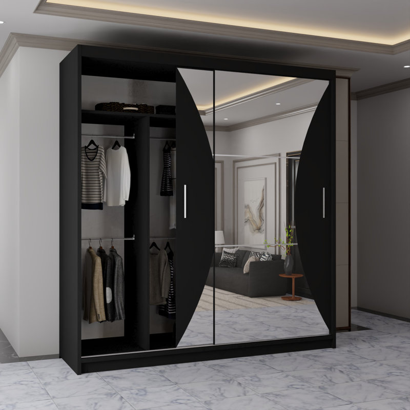 Modern 2 Door Sliding Mirror Wardrobe – Stylish Bedroom Storage in 2 Sizes and 3 Colours, 217cm H x 203cm W x 62cm D, Black