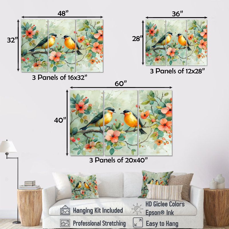 Ensemble de salon art mural jaune et vert avec oiseaux Eden I, Toile tendue, H 40 po x l 60 po x P 1 po