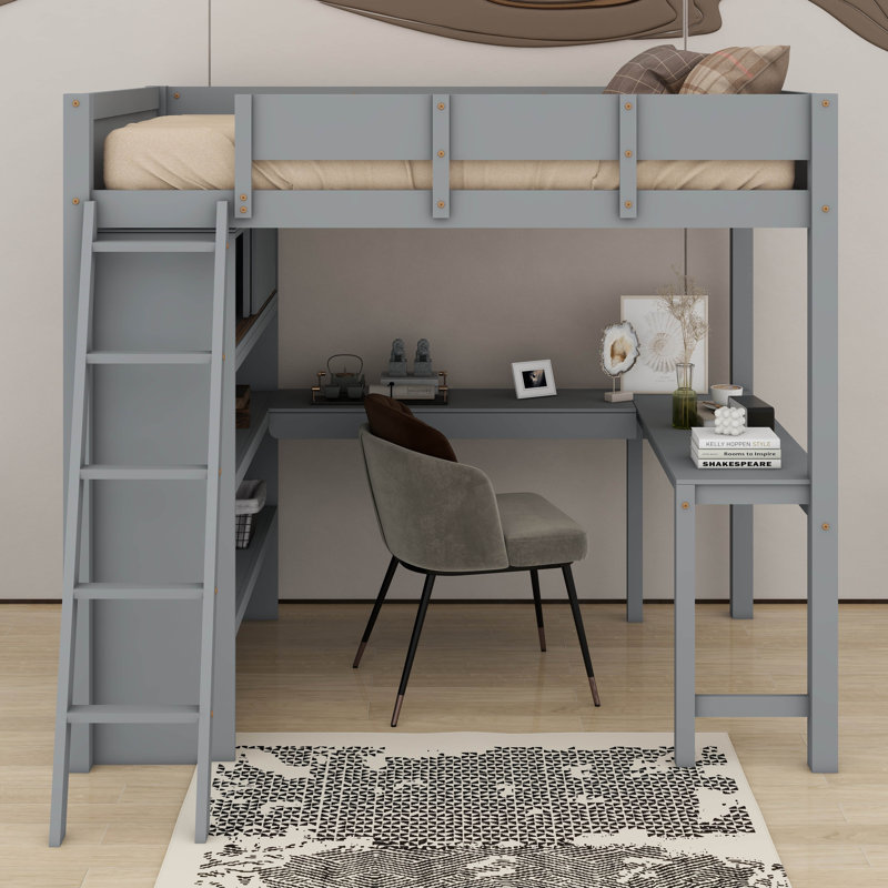 Lit mezzanine double avec bureau et tablette, Gris