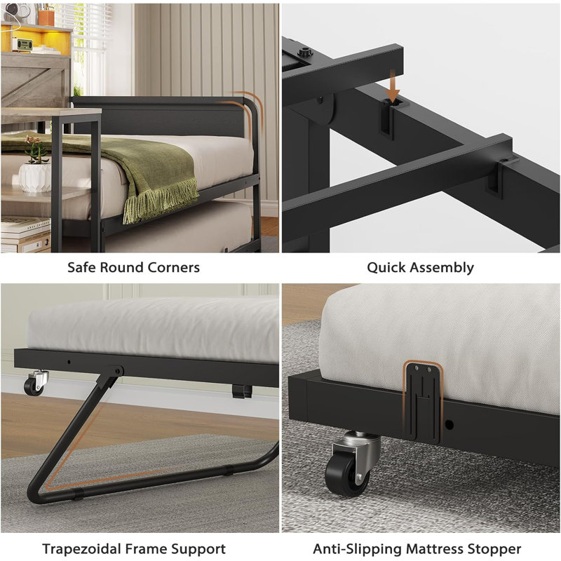 Daybed Twin with Pop Up Trundle, Farmhouse Wooden Day Bed Frame with 3 Storage Drawers and Shelves, Twin Daybed with Charging Station and LED Lights for Bedroom, Guest Room