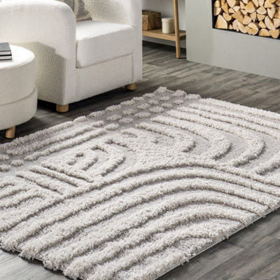 Tapis à poil long abstrait Dharia pour salon, chambre à coucher, salle à manger, chambre de bébé, beige / ivoire