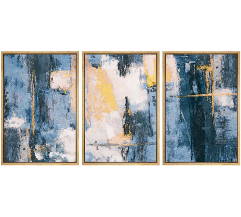 «Minimal Blue Yellow Paint Landscape», 3 pièces sur toile, Cadre naturel flottant, H 36 po x l 72 po