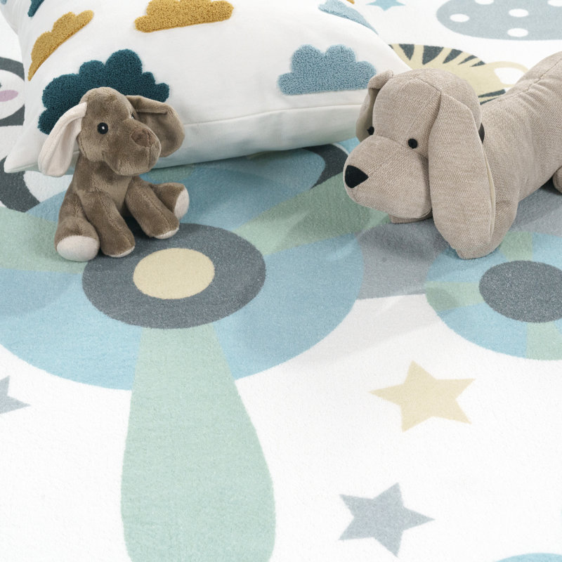 Bianchi Kids Airplane Animals Tiger Koala Bear Penguin Power Loom Cream/Blue/Black Rug, Round 200cm