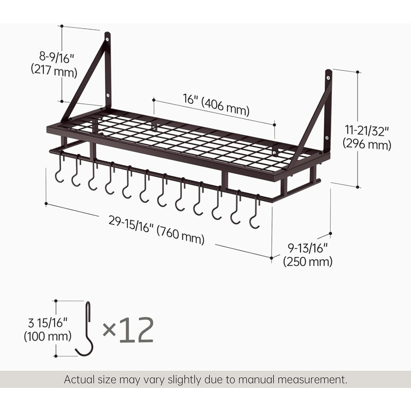 30-Inch Oiled Bronze Wall-Mounted Pot Rack with 12 Hooks - Farmhouse Style, Oiled Bronze