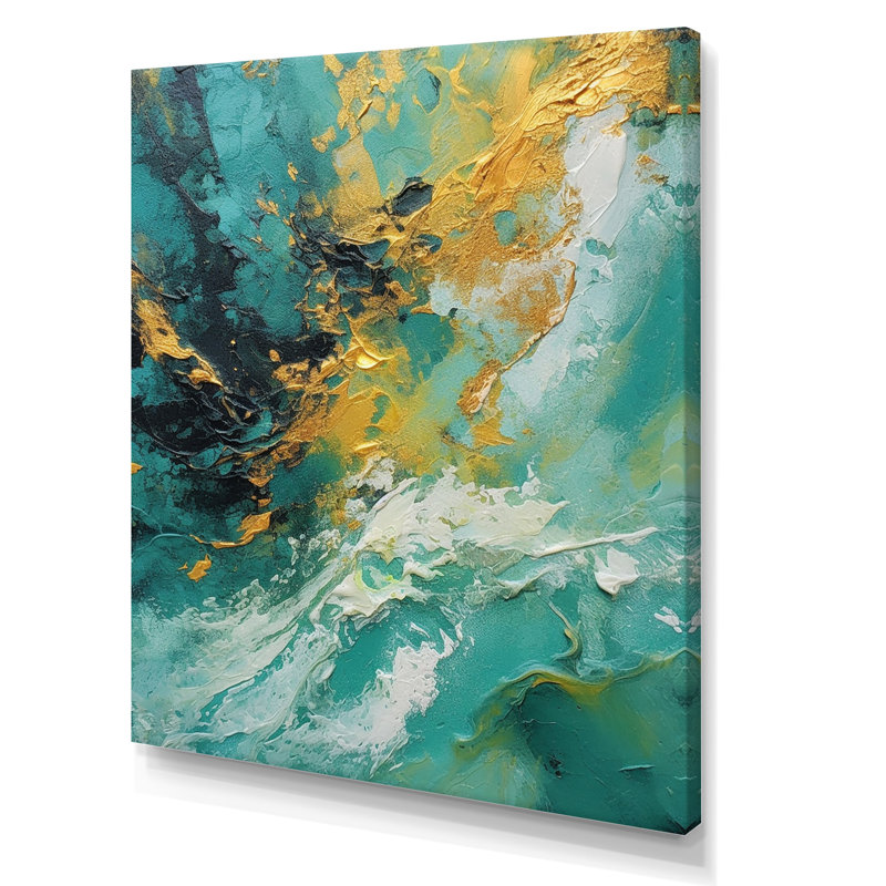 «Golden Turquoise Waves Breaking Abstract I», reproduction d'art sur toile, H 20 po x l 12 po x P 1 po, Toile tendue