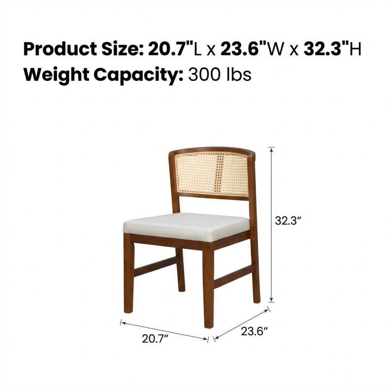 Set of 2 Modern Rattan Dining Chairs with Upholstered Seat and Hardwood Frame, Armless Side Chairs
