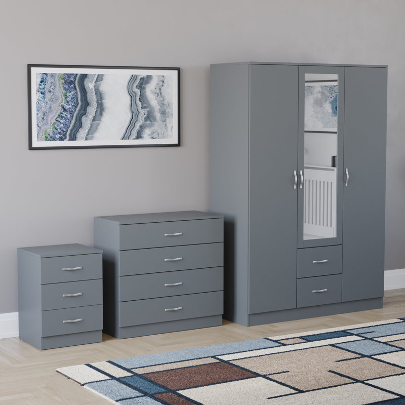 Maybery 3 Piece Bedroom Set (3 Drawer Bedside Chest, 4 Drawer Chest, 3 Door 2 Drawer Mirrored Wardrobe), (5), Grey