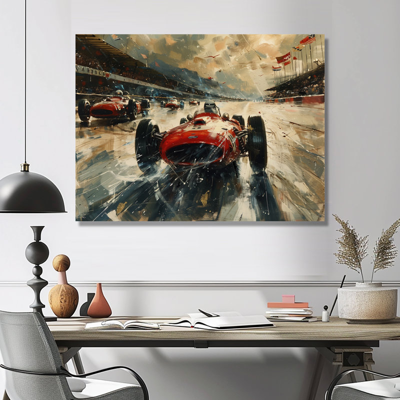 Rétro piste de course de voiture classique II - salon d'art mural, H 34 po x l 44 po x P 1,5 po, Toile tendue