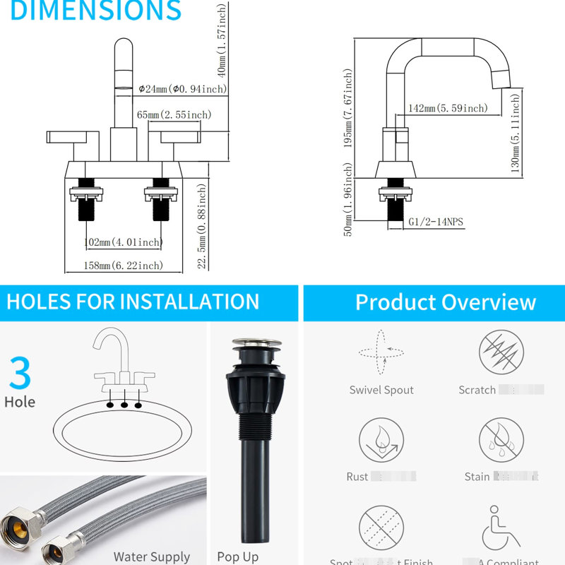 Brushed Nickel Bathroom Faucet - 4 Inch , 2 Handles, With Build And Pop Up Drain In Double Handle Control For Sink