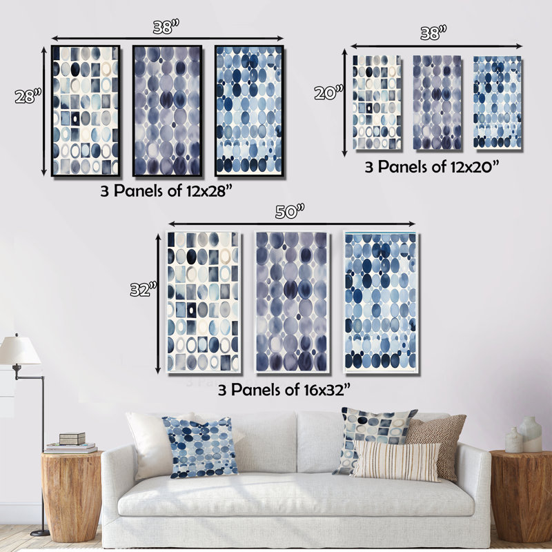 «Universal Grid Circular Watercolor Retro Blue II», 3 pièces sur toile, Cadre naturel flottant, H 20 po x l 36 po