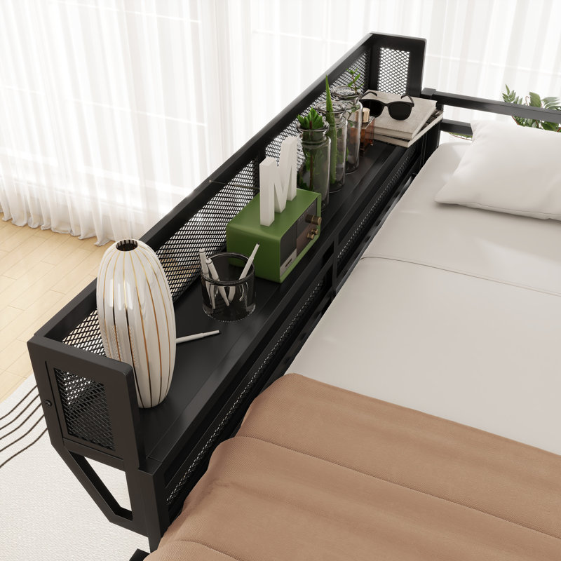 Lit mezzanine double avec échelle, lit mezzanine double en métal avec tablettes de rangement, lit mezzanine pour enfants, noir