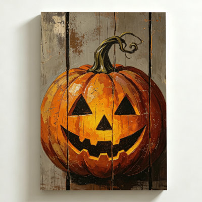 Tableau sur toile d'Halloween (50 x 75 cm) : citrouille au visage sculpté, orange vif, fond en bois rustique, impression sur toile de style impressionniste. Décoration murale moderne pour chambre, salon et bureau.
