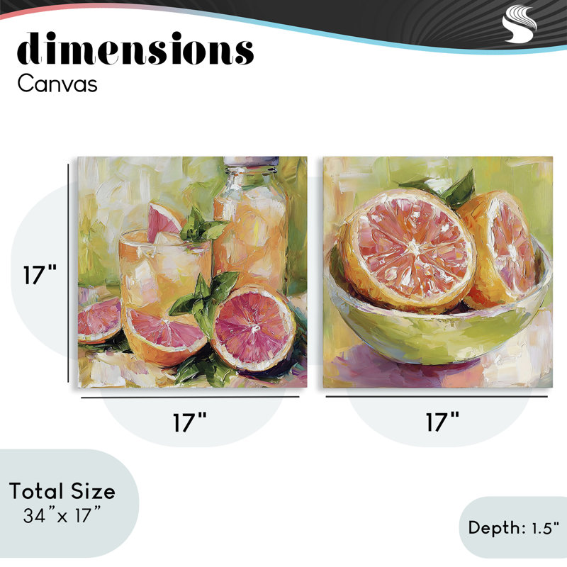 Ensemble de 2 toiles de pamplemousse, boissons et fruits, design par Riley B, 17 x 17