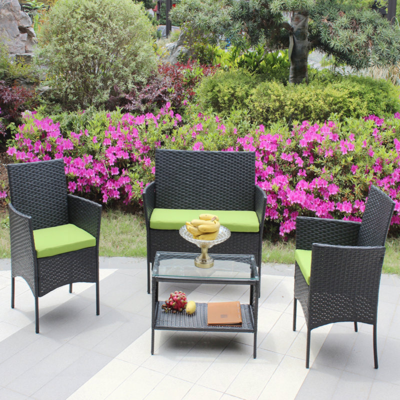 4 Piece Wicker Seating Group With Cushions, Green