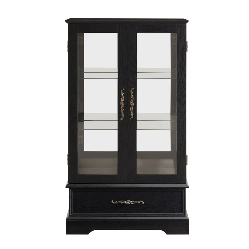 Glass Cabinet Lighted Glass Cabinet Curio Display Cabinet with Adjustable Glass Shelves 2 Doors and 1 drawer Cabinet Bulb Included