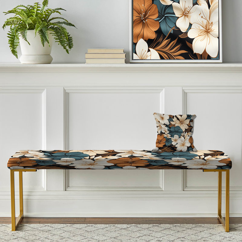 Upholstered Gold Bench, Monochrome Serenity Tropical Pattern I 