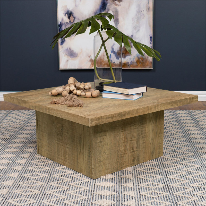 Table basse carrée avec finition en bois de manguier, bois d'ingénierie, base bloc, brun, 35,5 pouces
