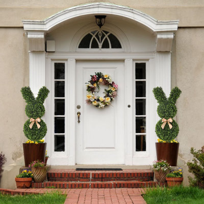 36" Artificial Boxwood Rabbit Topiary Tree With Gold Bow (set Of 2)