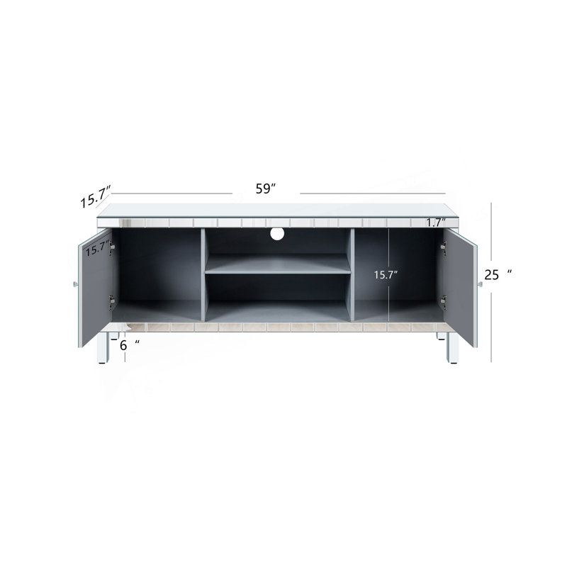 Meuble télé avec miroir pour téléviseur de 65 pouces, meuble multimédia moderne avec portes à miroir scintillant et rangement pour le salon
