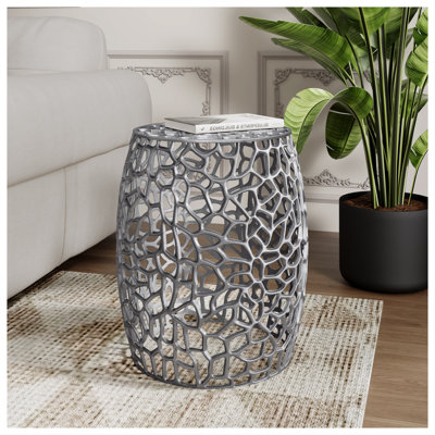 Handcrafted Aluminum Drum End Table with Abstract Mesh Design - Modern Silver Nickel Accent Side Table