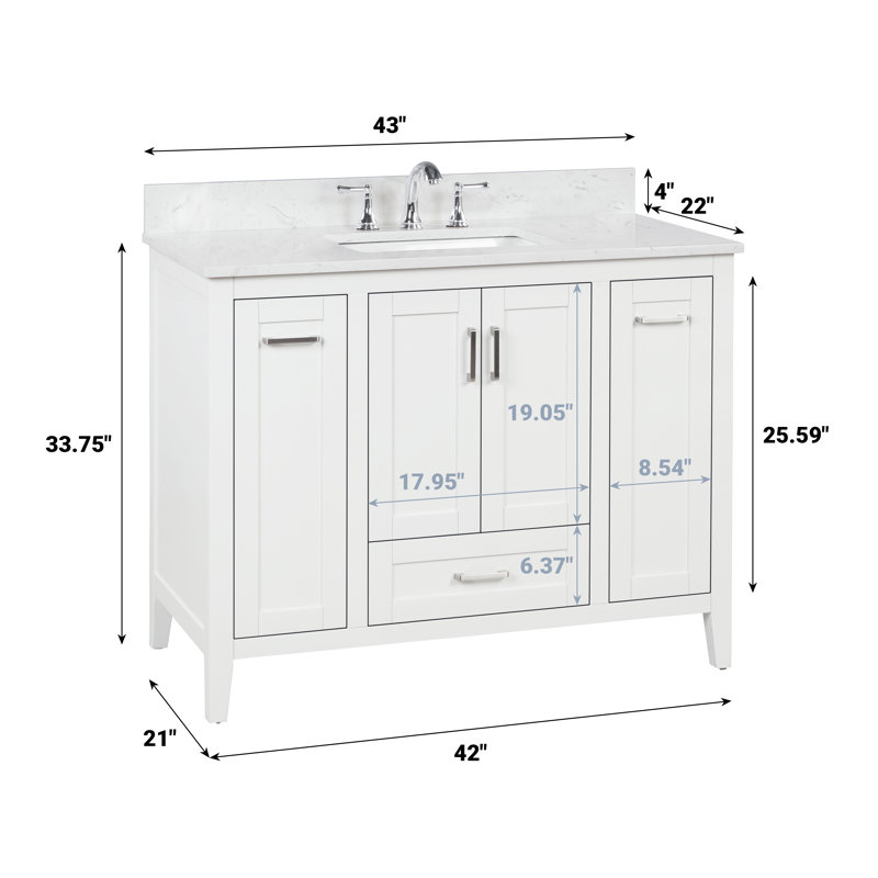 Milford 42" Single Vanity With Carrara White Engineered Stone Top, Sink & Backsplash, Solid Wood, Pre-Assembled