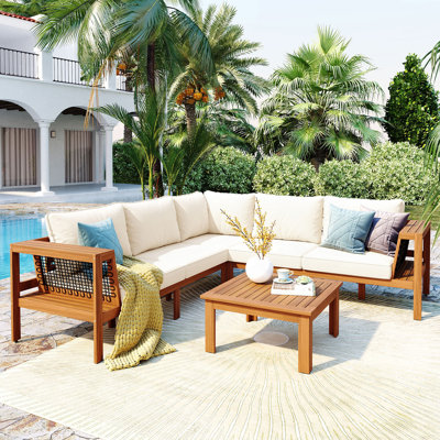4 Pieces Outdoor Acacia Wood Sofa Set, Woven Mesh Armrests, L-Shaped Patio Furniture Sofa Set With Coffee Table, Outdoor Conversation Set With Cushions And Side Table
