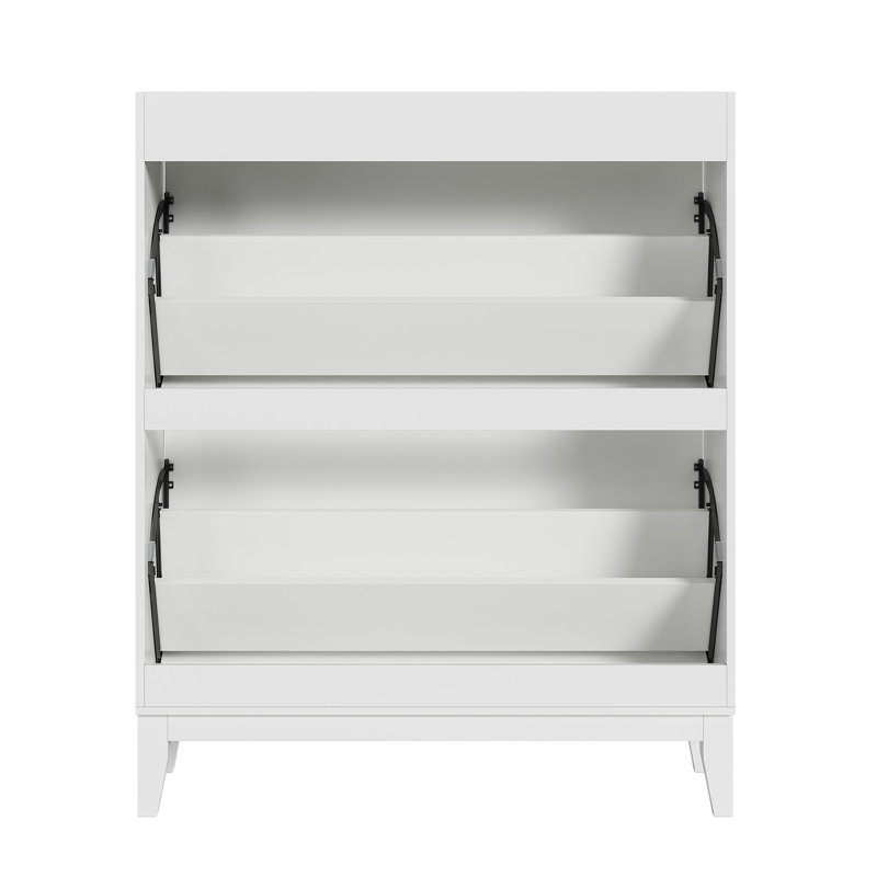 Slim Mirrored Shoe Storage Cabinet With Flip-down Doors, White