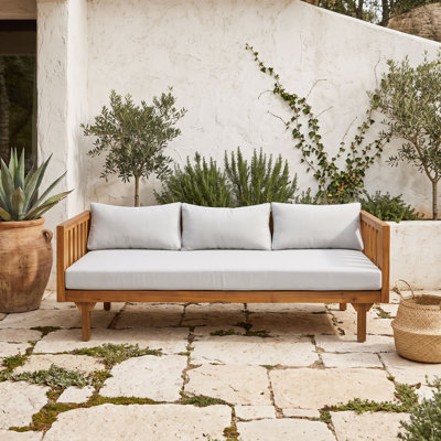 Acacia Wood 3-Seater Outdoor Daybed with 3 Water-Resistant Cushions and Open Slat Backrest