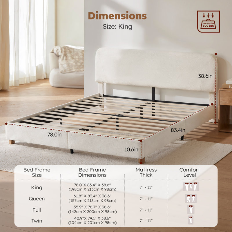Boucle Bed Frame, Upholstered Cloud Bed Frame with Adjustable Headboard, Solid Wood Legs, Rounded Corners Design & Easy Assembly – Modern Platform Bed,Cream