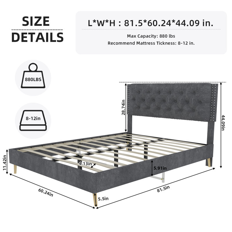 Velvet Upholstered Bed - Queen Size Luxury Comfort, Gray