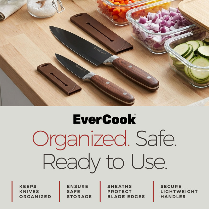 EverCook 4Pc Kitchen Knife Set w/ Blade Sheaths, 1.5/2 mm Black Stainless Steel