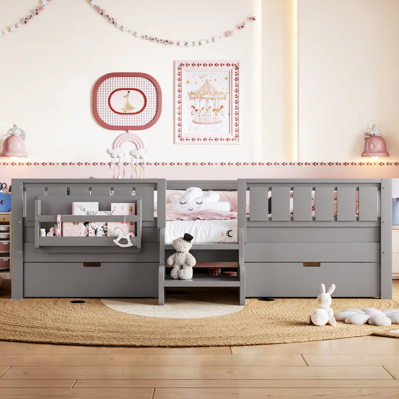 Grand lit pour enfants avec tablettes intégrées et tiroirs de rangement, escalier de sécurité et garde-corps, gris, Queen