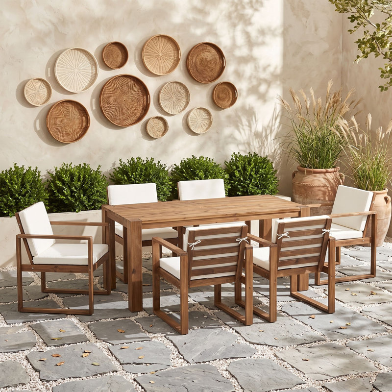 Ensemble repas d'extérieur 7 pièces en bois d'acacia avec coussins, trou pour parasol pour jardin et piscine, Moka