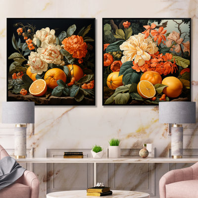 Peinture renaissance d'un fruit orange I - fruits, ensemble de 2 reproductions d'art mural