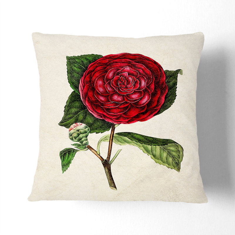 Illustration of a Red Japanese Camellia Cushion with Filling, Black, 55cm H x 55cm W x 20cm D
